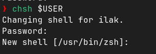 Prompt de la commande chsh $USER dans un terminal