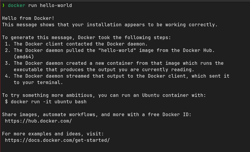 Prompt de la commande docker run hello-world dans un terminal