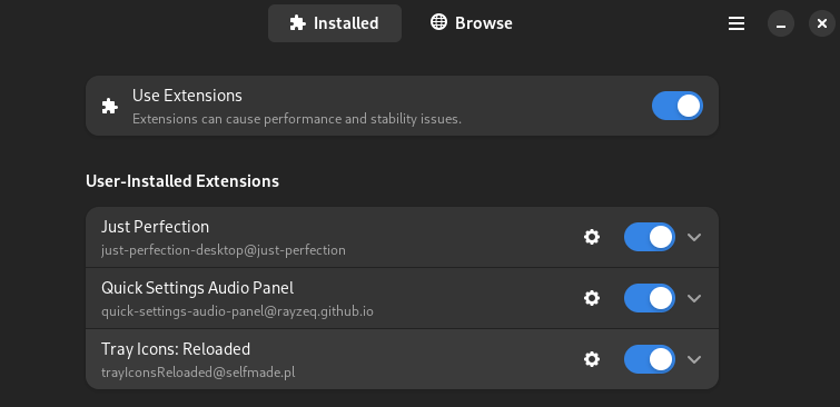 Mes extensions dans mon Extension manager